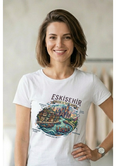 Baranışık Eskişehir Kültürel Miras Temalı Modern Baskılı Tişört Beyaz