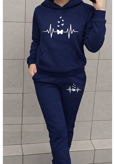 Heart Rhytym Love Baskılı Kapüşonlu Sweatshirt Ve Eşofman Altı Eşofman Takımı Lacivert Heart Rhytym Love Baskılı Kapüşonlu Sweatshirt Ve Eşofman Altı Eşofman Takımı Lacivert