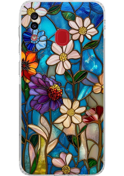 Printify Samsung Galaxy A20 İle Uyumlu Vitray Mavi Bahar Tasarımlı Şeffaf Silikon Kılıf Şeffaf