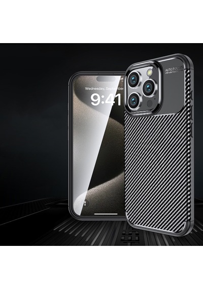 İphone 16 Pro Kılıf Karbon Görünümlü Silikon Kamera Korumalı Üstün Koruma Kurtiletisim Siyah