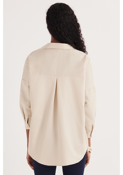 Tudors Kadın Oversize Rahat Kesim Spor Yaka Uzun Kollu Basic Düz Bej Gömlek-36831 Bej