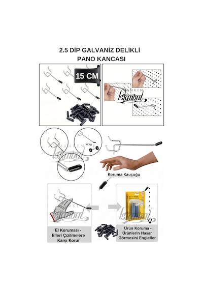 Delikli Pano Kancası 15 Cm Kauçuklu Koruma - Ekstra Güçlü - Raf Askısı - 2.5 Cm Dip 40 Adet