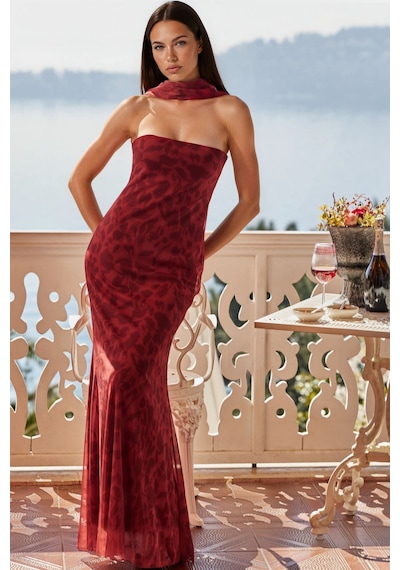 Hiccup Straplez Çiçek Desenli Tül Kuşaklı Bodycon Maxi Elbise Kırmızı