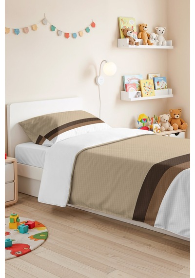 Modern Çizgili Krem Tek Kişilik Pike Takımı - Vizon Kahve Kapitone 160x220 Cm Mevsimlik Yatak Örtüsü Ahenkli Doku Kıyımı