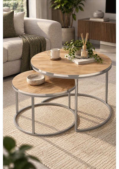 Sulorahome Gümüş Metal Ayaklı Ceviz Desenli 2'li Yuvarlak Orta Sehpa Seti