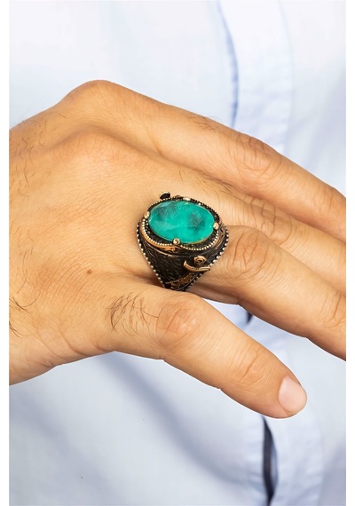 Paraiba Taşlı Zülfikar Motifli Gümüş Erkek Yüzük -8435 Gümüş