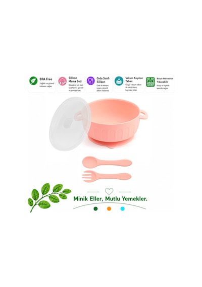 Jojobebek Kapaklı Vakumlu Silikon Mama Kasesi, Altı Vakumlu Mama Kasesi, Silikon Kaşık ve Çatal / Pembe Jojobebek Kapaklı Vakumlu Silikon Mama Kasesi, Altı Vakumlu Mama Kasesi, Silikon Kaşık ve Çatal / Pembe