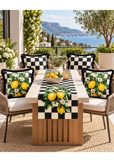 Damalı Limon Desenli Runner + 4 Lü Kırlent Kılıfı Kombin Seti 45 x 45