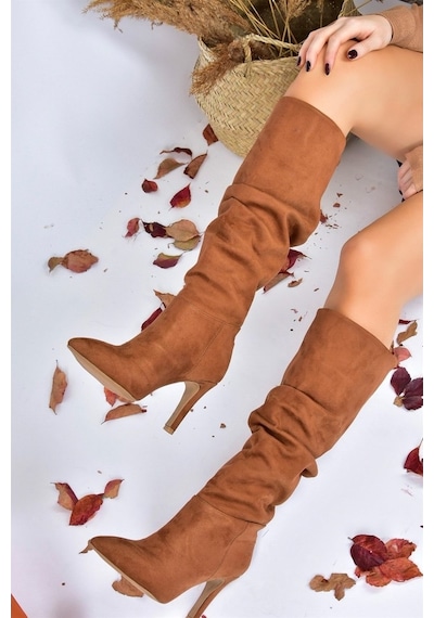 Fox Shoes Taba Süet Ince Topuklu Kadın Çizme L404868002