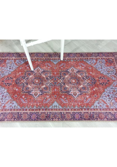 Kırmızı Ve Mavi Madalyon Desenli Vintage Halı