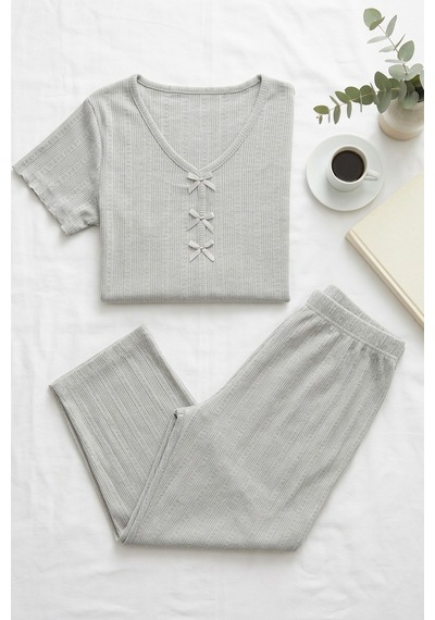 Aura Collections Kadın Bambu Viskon Transfer Ribana Kısa Kollu Düğmeli Pijama Takımı Gri