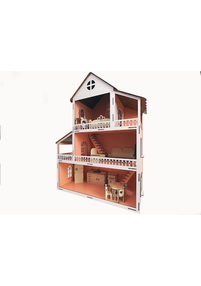 Wood Kids Toys Mobilyalı Ahşap Bebek-Çocuk Oyun Evi Seti