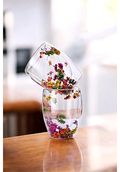 Tilbe Home 2'li Çift Cidarlı Flower Cup 250ml Çiçekli Bardak Kahve Çay Bardağı El Yapımı Cam Bardak Çiçekli