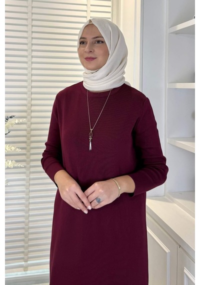 Rabia Şamlı Öykü Çelik Örme Triko Elbise Bordo Normal