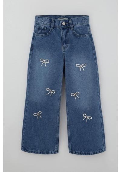 Breeze Kız Çocuk Jean Pantolon İnci Detaylı Fiyonk İşlemeli 5-9 Yaş, Mavi Mavi