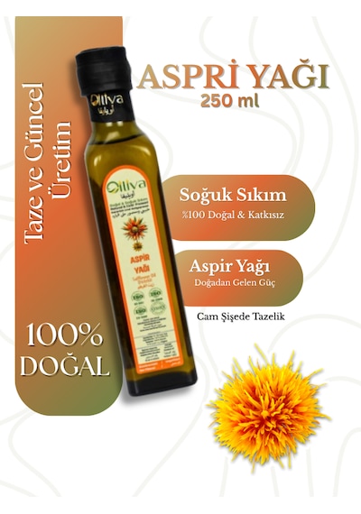 Soğuk Sıkım Aspir Yağı %100 Doğal Ve Katkısız 250 Ml Omega-6 Ve E Vitamini Kaynağı Cam Şişe Sıvı Cilt Ve Saç Bakımı İçin Bitkisel Yağ
