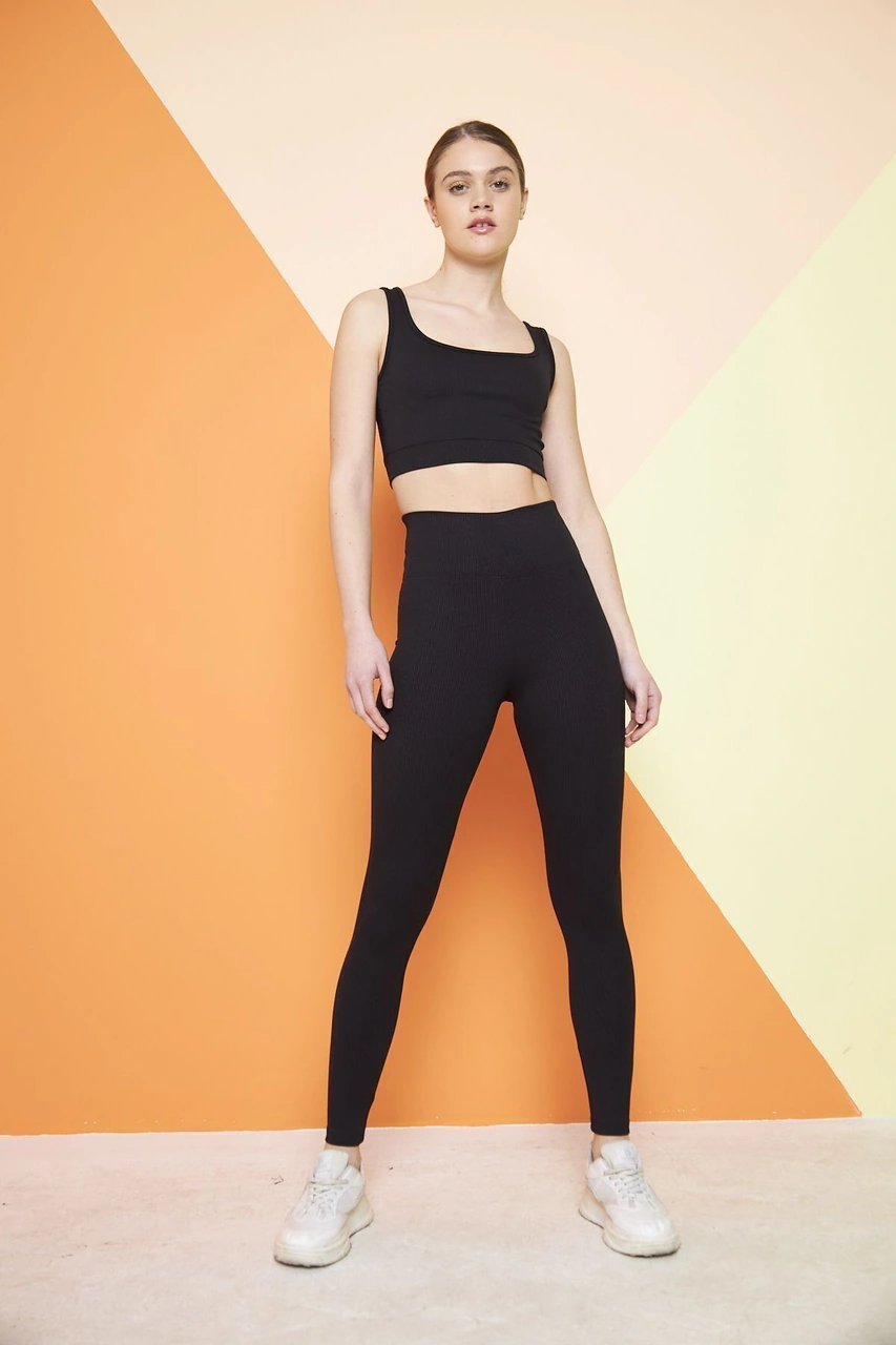 Thiff Gymwear Bej Yüksek Bel Fitilli Toparlayıcı Interlok Örme Spor Dar Paça Kadın Tayt SiYAH