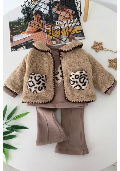 Minigimin Cicileri Leopar Cepli Peluş Ceketli Kız Bebek Kışlık 3 Lü Takım - Vizon