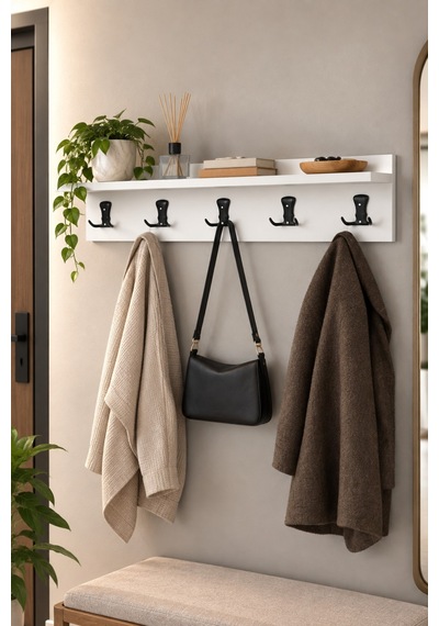 Sulorahome Beyaz Duvar Askılığı Portmanto Raf Ve 5 Kancalı Askı Ünitesi