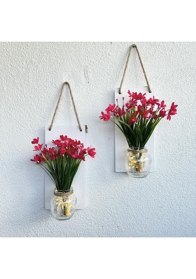 Led Işıklı, Fuşya Nergis Çiçekli Duvar Dekoru Beyaz İkili Set Beyaz