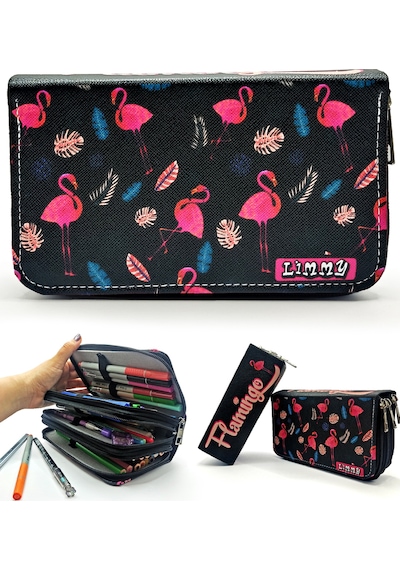 Kalem Kutusu Flamingo Siyah Kawai Organizer Kalemkutu Vegan Deri Üç Bölmeli Kalemlik Siyah