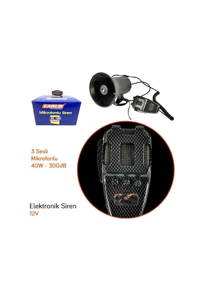 Carub 3 Sesli Mikrofonlu Megafonlu 12V Polis Sireni 300 Db