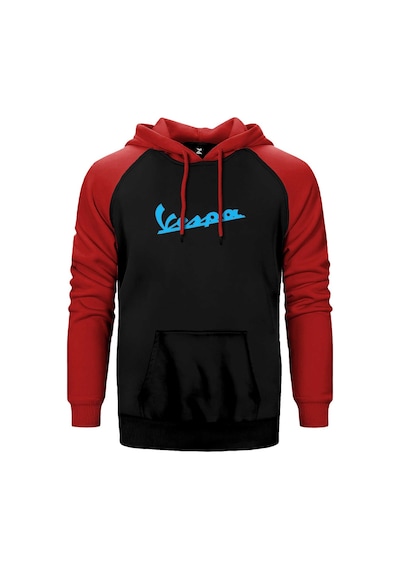 Vespa Text Blue Kırmızı Renk Reglan Kol Kapşonlu Sweatshirt Kırmızı