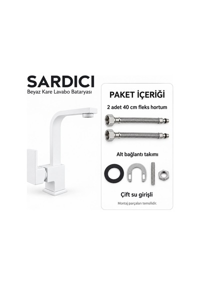 Sardıcı Beyaz Kare Lavabo Bataryası Geniş Kumanda Kollu Çift Su Girişli Krom