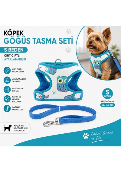 Köpek Göğüs Tasması Ve Sevk Kayışı Seti S Beden 26-36 Cm Cırt Cırtlı Baykuş Desenli Çok Renkli