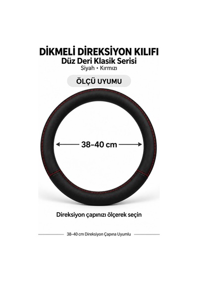Trobus Renault Kangoo 2024 Ve Sonrası Uyumlu Dikmeli Direksiyon Kılıfı Düz Deri Klasik Siyah Kırmızı Siyah - Kırmızı