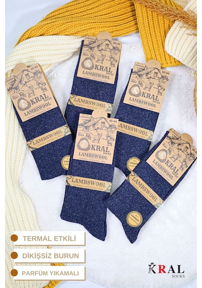 Kral Socks Erkek Kışlık Termal Etkili 5'li Paket Lambswool Kuzu Yün Çorap Lacivert