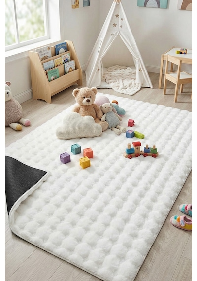 Yüksek Kalite Ekstra Yumuşak Kırık Beyaz Kaymaz Özel Tabanlı Tavşan Bubble Peluş Halı