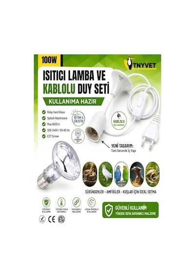100 Watt Set / Kızılötesi / Gün Işığı Şeffaf Isıtıcı Lamba Ve Kullanıma Hazır Kablolu Duy Seti