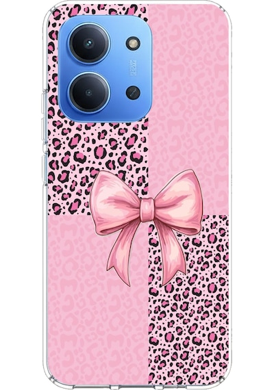 Redmi 15c Uyumlu Pembe Leopar Desenli Ve Kurdele Baskılı Silikon Kılıf Renkli