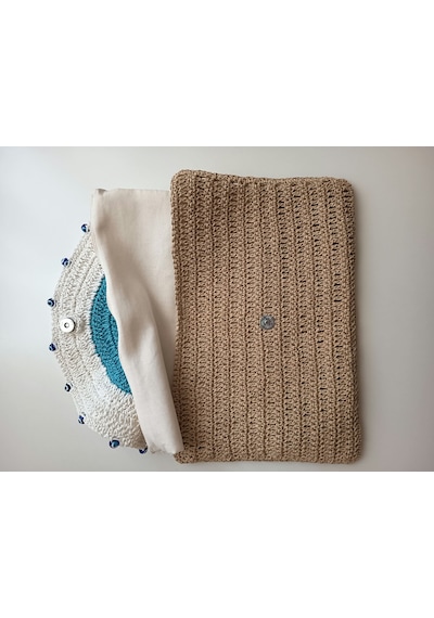 Elmundo Butik Kağıt İp El Yapımı Nazar Boncuğu Clutch Çanta Bej - Mavi -beyaz