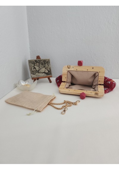 Fikriharika Design Retro, Motifli, Ahşap Burslu, Kadın El Çantası Bordo
