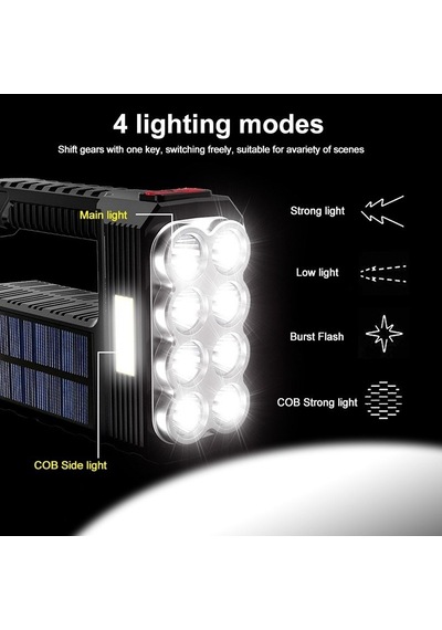 El Feneri Çok Fonksiyonlu 8 Gözlü Şarjlı Solar Usb Güneş Enerjili Siyah