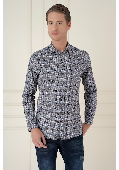 Efor Slim Fit Baskılı %100 Pamuk Spor Mavi Gömlek G 1586 Mavi