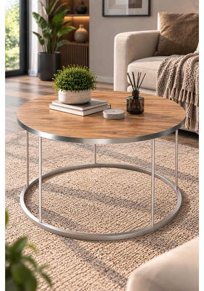 Sulorahome Gümüş Ayaklı Ceviz Desenli Yuvarlak Orta Sehpa