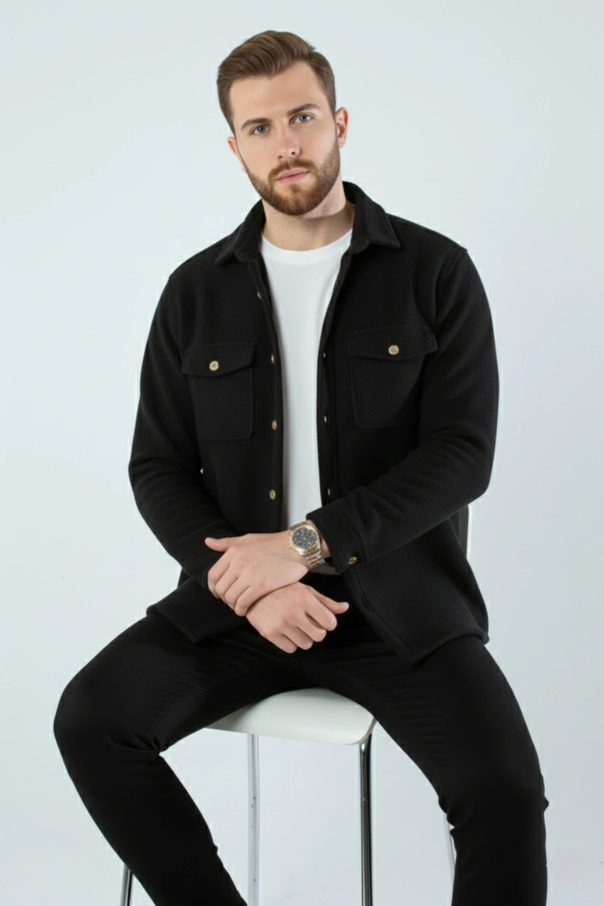 Yxc Trend Maker Erkek Slim Fit Düğmeli Yaka Çift Cepli Düz Siyah Polar Erkek Gömlek Siyah