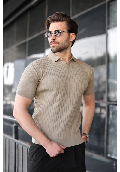 Madmext Vizon Slim Fit Polo Yaka Triko Erkek Tişört E7472 Vizon
