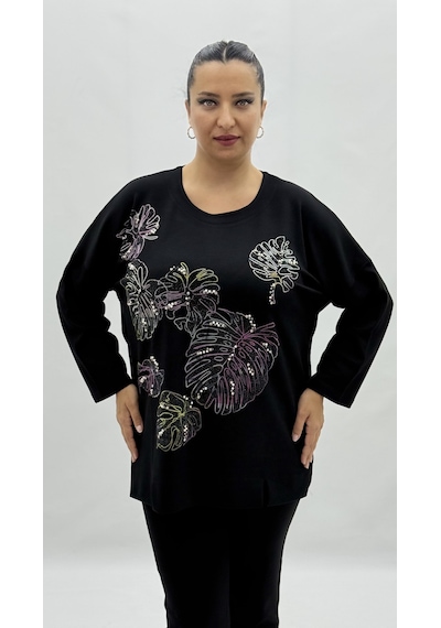 Büyük Beden Viskon Taşlı İnci Detaylı Uzun Kol Oversize Kadın Bluz Siyah