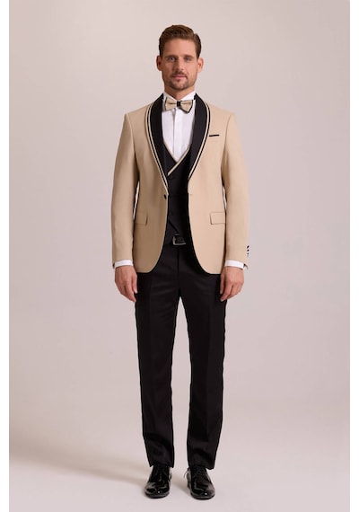 Ysf Erkek Bej Slim Fit Şal Yaka Yelekli Damatlık