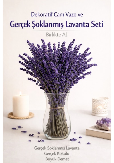 Gerçek Şoklanmış Lavanta Ve Cam Vazo Seti Gerçek Kokulu Dekoratif Lavanta Demeti