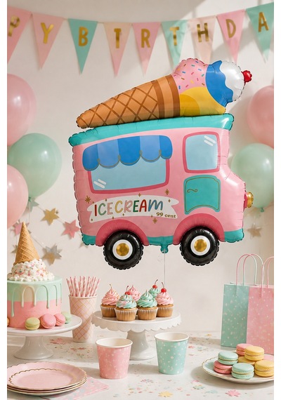 Folyo Balon Dondurma Arabası Makaron 70x58 Cm Doğum Günü Parti Süsü Dekoratif Büyük Balon Çok Renkli