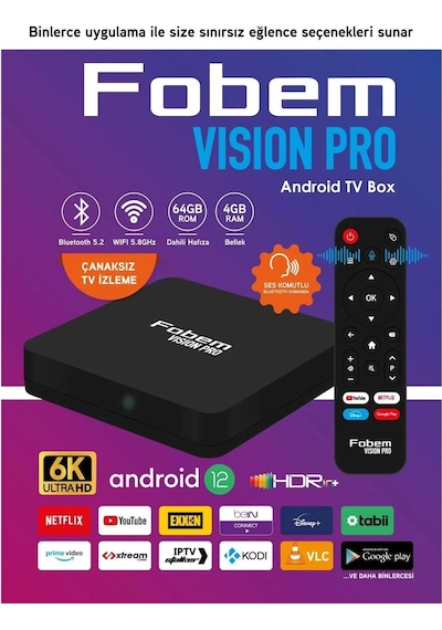 Fobem Vision Pro Tv Box 4+64gb Wifi Android 12 Ses Komutlu Akıllı Kumanda