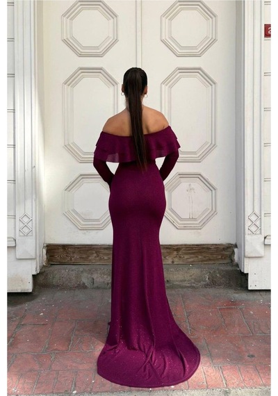 Lior Design Kadın Modern Stil Esnek Simli Kumaş Straplez Volanlı Abiye Elbise Açık Mor