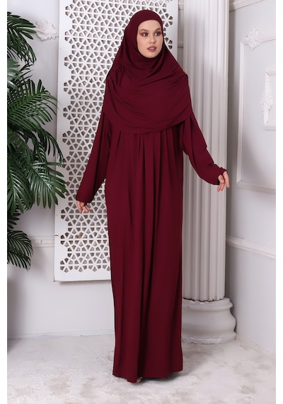 Tek Parça Pratik Başörtülü Robalı Namaz Elbisesi 8015 Bordo