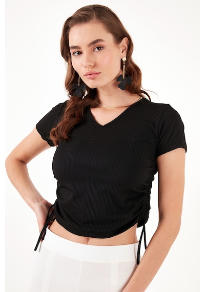 Lela Slim Fit V Yaka Yanları Büzülebilir Bayan Bluz 5864011 Siyah