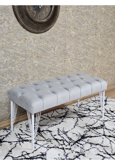 Zafir Beyaz Boyalı Tel Ayaklı 90 Cm Puf Bench - Puf - Bench - Kasalı Oturak - Oturak - Yatak Ucu Puf Gri
